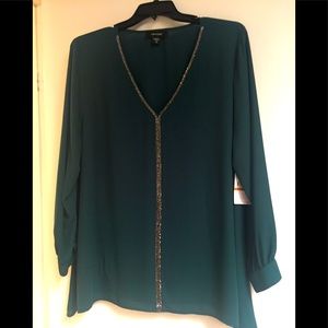 Karen Kane forest green blouse w/ sequin trim